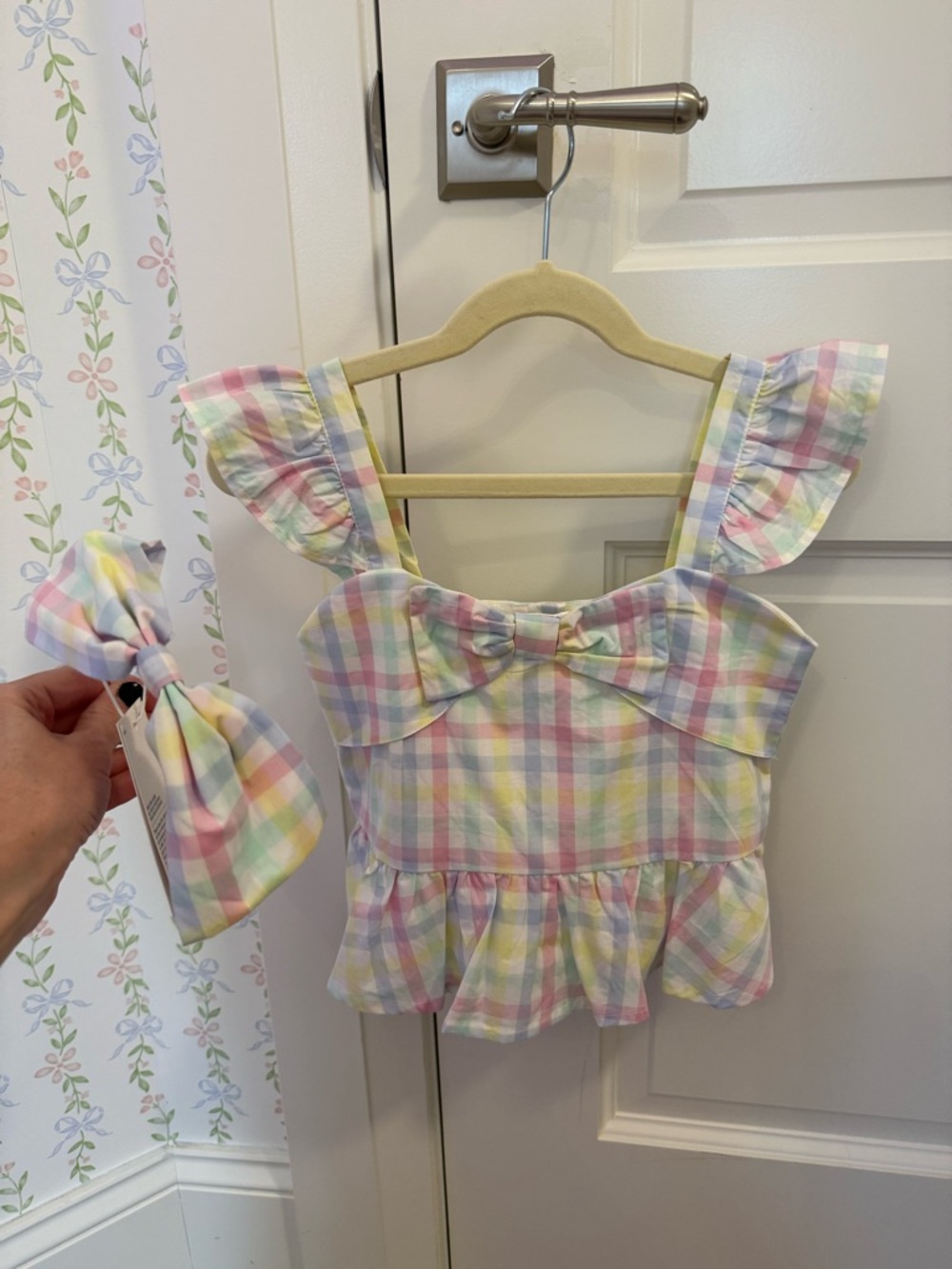 NWT Janie and Jack Gingham Peplum Top size 6 WITH matching headband